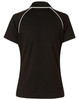 A black polo shirt with short raglan sleeves and white piping details, featuring a logo.