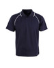A black polo shirt with white accents and a three-button collar. It features a logo on the chest.