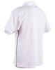 A white men's polo shirt with contrasting black piping and branding on the back.