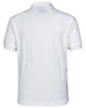 A white men's polo shirt featuring a logo, with a classic collar and short sleeves.
