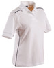 A ladies' pure cotton polo shirt in white with contrast piping along the seams. It features a collar and short sleeves.