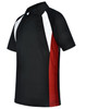 A black polo shirt with white and red accents, featuring a collar and short sleeves. It has a logo on the chest.