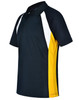 A men's polo shirt featuring a navy body with white and yellow side accents, and a three-button placket.