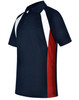 Men's tri-sport polo in navy with white and red accents, featuring a collar and a logo.