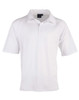 A white men's cricket polo shirt featuring a collared neck and short sleeves, with a logo on the chest.