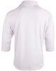 A mens 3/4 sleeve cricket polo in white, featuring a classic collar and a logo on the back.