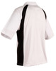 A men's polo shirt featuring a white body with black accents and a logo on the back.