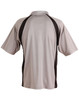 A men's polo shirt in grey with black accents, featuring a collar and short sleeves, and includes a logo.