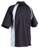 A black and light blue men's polo shirt with a standard collar and short sleeves, featuring a branded logo.