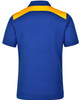 A blue polo shirt featuring an orange-coloured panel across the shoulders, with a logo on the chest.