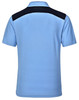 A light blue polo shirt featuring a black back panel and a logo on the chest. Short sleeves and a classic collar design.