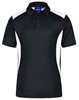 Men's polo shirt in black with white side panels and a collar. Features a logo on the chest area.