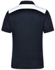 A black polo shirt featuring a white panel on the back. It has a collar and is designed for men.