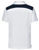 A white children's polo shirt with a navy back panel, featuring a collar and short sleeves. It has a logo.