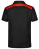A black polo shirt with red detailing on the shoulders, featuring a collar. It has a logo on the front.