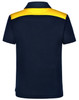 A navy blue polo shirt featuring a yellow accent on the back. It has a collar and short sleeves, with a logo.