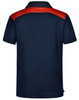 A navy polo shirt with a red shoulder design and a logo on the back. Suitable for children's wear.