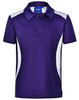 A purple children's polo shirt featuring white accents and a collar, with a logo on the inner label.