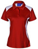A red polo shirt with white side panels and a collar. It features a zippered neckline and includes a logo.