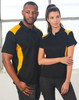 A black and yellow polo shirt for women and men, featuring a contrasting design and a logo.