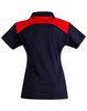 A women's polo shirt in navy blue with a red section at the shoulders and back, featuring a logo.