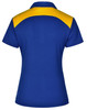 A blue polo shirt with a yellow back and collar. Features a branded logo on the side.