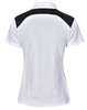 A women's polo shirt in white with black shoulder panels and a logo. Perfect for casual or sporting wear.