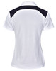 A white ladies' polo shirt featuring a black back panel and a collar, with a logo on it.