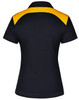 A black ladies' polo shirt with a yellow back panel and a logo on the upper section.