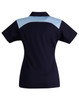 A navy blue polo shirt with light blue accents on the shoulders, featuring a logo.