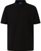 A black men's polo shirt featuring a collar, short sleeves, and a button placket. It has a logo on it.