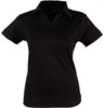 A black polo shirt with a V-neck and short sleeves, featuring a logo on the chest.