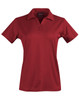 A red women's short sleeve polo shirt with a collar, featuring buttons and a logo.