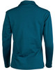 A long sleeve polo shirt in teal, featuring a collar and a logo on the back.