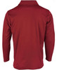 A long sleeve polo shirt in a rich red colour, featuring a collar and a back view, with a logo present.