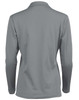 A long sleeve polo shirt in grey, featuring a collar and a logo on the back.