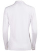 A long sleeve polo shirt in white, featuring a collar and a brand logo on the back.