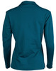 A long sleeve polo shirt in teal with a plain back and a collar. It features a logo on the front.