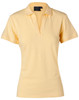 A light yellow women's polo shirt with a collar and short sleeves, featuring a brand logo.