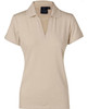 A beige ladies' polo shirt featuring a collar and a logo. Ideal for casual or sporty wear.