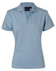 A light blue ladies' polo shirt with a collar and short sleeves, featuring a branding label.