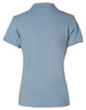 A light blue polo shirt with a classic collar and short sleeves, featuring branding on the back.