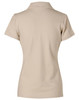 A beige ladies' polo shirt featuring a collar and short sleeves, with a logo on the back.