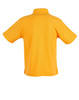 A back view of a short sleeve polo shirt in vibrant yellow, featuring a collar and a logo.