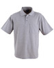 A grey short sleeve polo shirt with a pocket and a logo on the chest.
