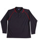 A long-sleeve black polo shirt with red detailing and a collar. It features a logo on the chest area.