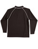 A black long-sleeve polo shirt with white detailing and a logo on the back.