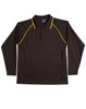 A long-sleeve polo shirt in black with yellow piping and a collar, featuring a logo.