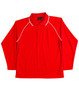 A red long-sleeve polo shirt with a contrasting white trim and a collar. It has a logo on the chest.