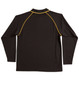 A black long-sleeve polo shirt with yellow piping and a collar. Features a logo on the back.